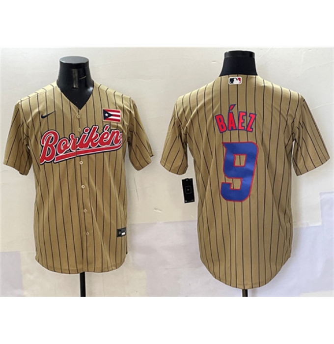 Men's Puerto Rico Baseball #9 Javier Baez Tan 2023 World Baseball Classic Stitched Jersey