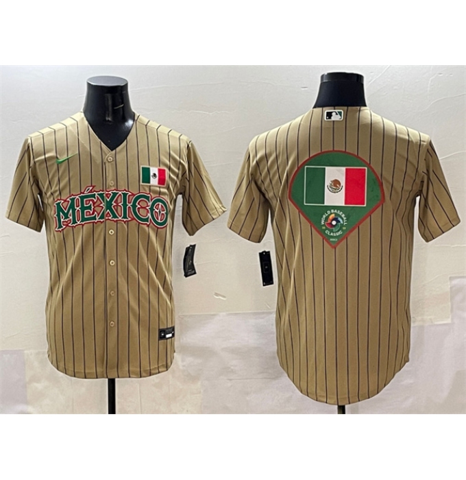 Men's Mexico Baseball Tan 2023 World Baseball Classic Team Big Logo Stitched Jerseys