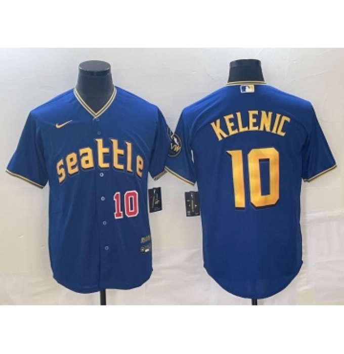 Men's Seattle Mariners #10 Jarred Kelenic Number Blue 2023 City Connect Cool Base Stitched Jersey