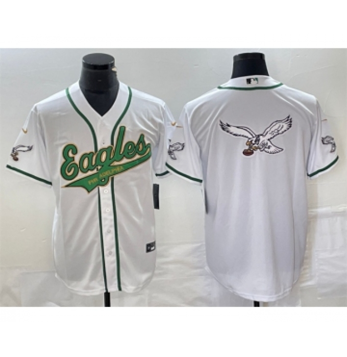 Men's Nike Philadelphia Eagles White Gold Team Big Logo Cool Base Stitched Baseball Jersey