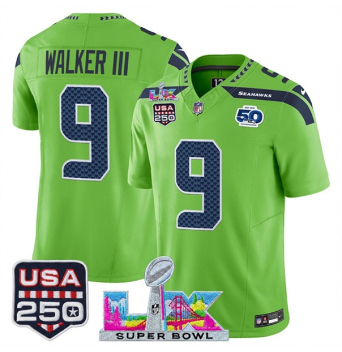 Men's Youth Seattle Seahawks #9 Kenneth Walker III Green 2025 F.U.S.E. Super Bowl LX And 50th Season & USA 250 Vapor Limited Football Stitched Jersey