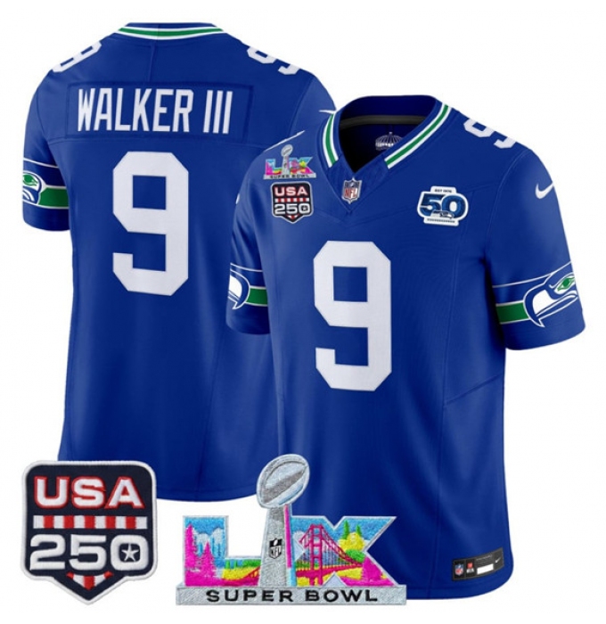 Men's Youth Seattle Seahawks #9 Kenneth Walker III Royal 2025 F.U.S.E. Super Bowl LX And 50th Season & USA 250 Vapor Throwback Limited Football Stitched Je