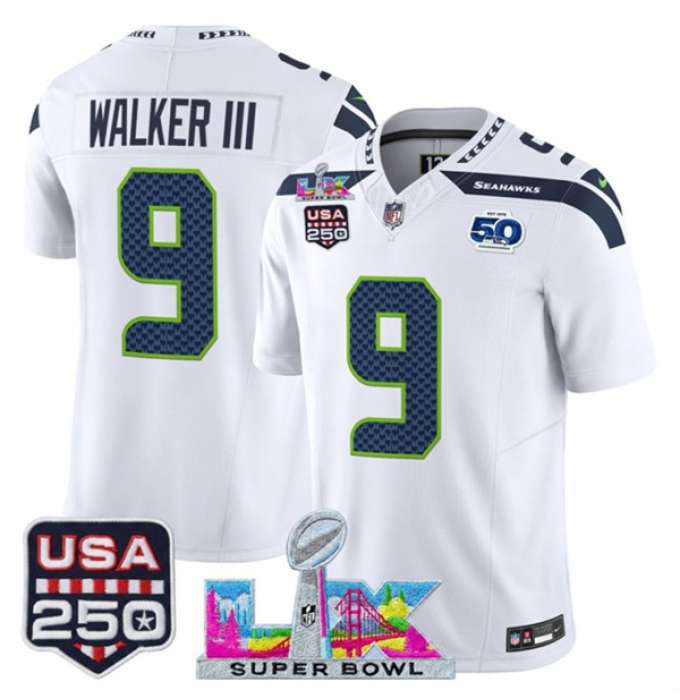 Men's Youth Seattle Seahawks #9 Kenneth Walker III White 2025 F.U.S.E. Super Bowl LX And 50th Season & USA 250 Vapor Limited Football Stitched Jersey
