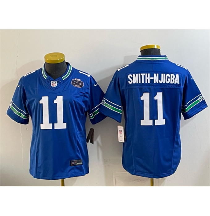 Women's Seattle Seahawks #11 Jaxon Smith-Njigba Royal 2024 F.U.S.E 50th Anniversary Throwback Vapor Limited Stitched Football Jersey