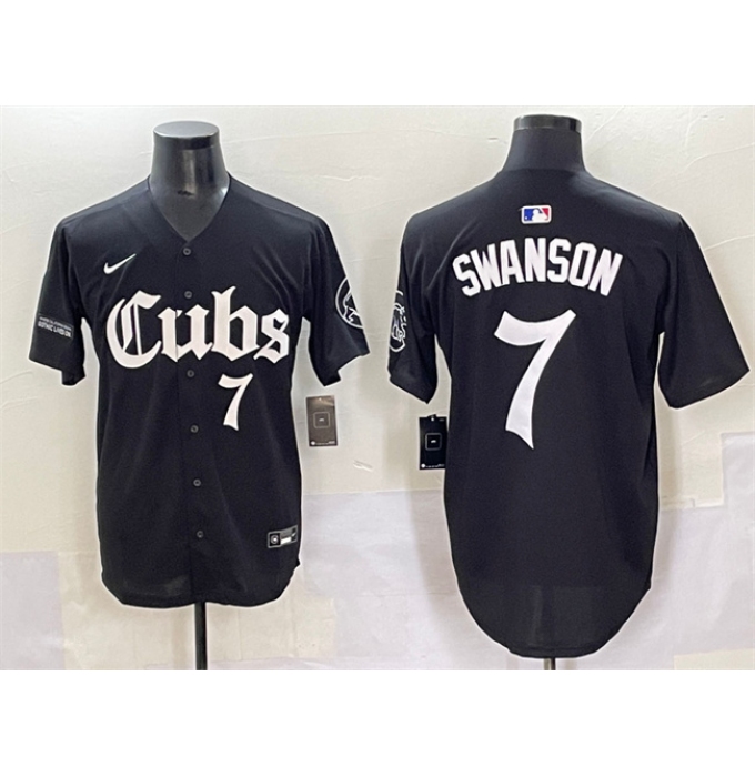 Men's Chicago Cubs #7 Dansby Swanson Black 'Gothic North Side Edition' Vapor Premier Limited Stitched Baseball Jersey