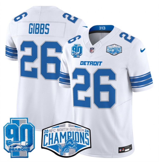 Men's Detroit Lions #26 Jahmyr Gibbs White 2024 NFC North Champions 90th Anniversary F.U.S.E. Vapor Limited Stitched Jersey