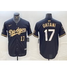 Mens Los Angeles Dodgers #17 Shohei Ohtani Number Black Gold Stitched Cool Base Nike Jersey