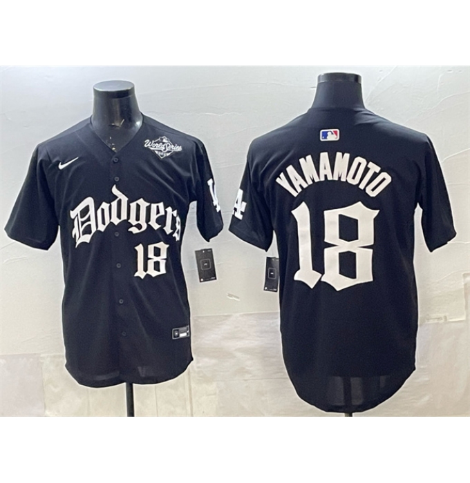 Men's Los Angeles Dodgers #18 Yoshinobu Yamamoto Black 2025 LA Gothic Style With 2025 World Series Vapor Premier Limited Stitched Baseball Jersey