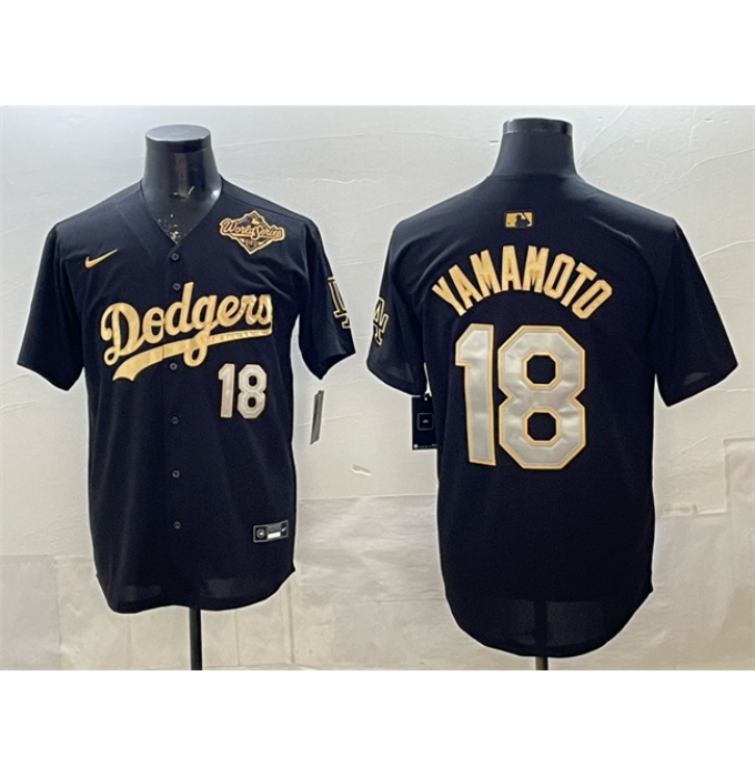 Men's Los Angeles Dodgers #18 Yoshinobu Yamamoto Black Gold 2025 World Series Limited Stitched Baseball Jersey