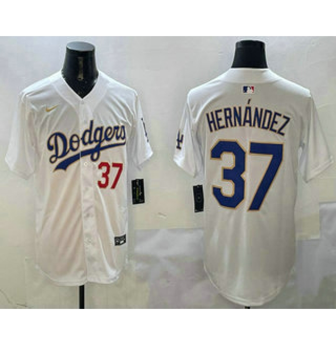 Men's Los Angeles Dodgers #37 Teoscar Hernandez Number White Gold Cool Base Stitched Jersey