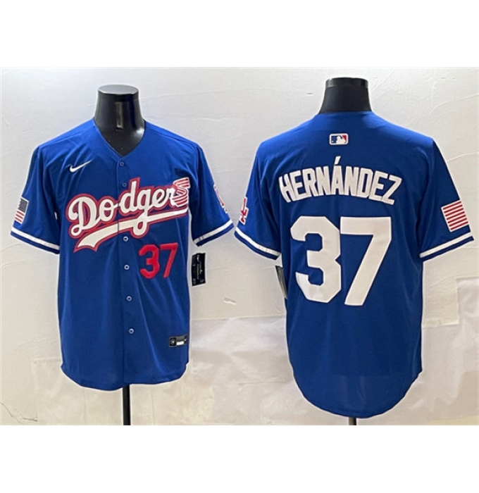 Men's Los Angeles Dodgers #37 Teoscar Hernández Royal With American Flag Limited Stitched Baseball Jersey