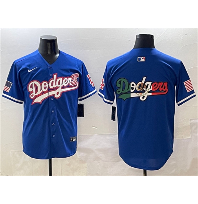 Men's Los Angeles Dodgers Team Big Logo Royal With American Flag Limited Stitched Baseball Jersey