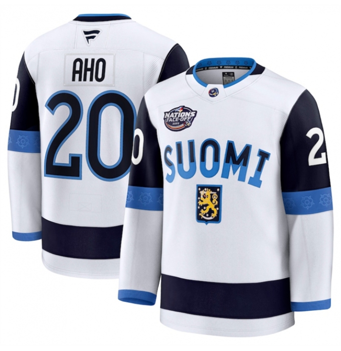 Men's Finland #20 Sebastian Aho White 2025 4 Nations Face-Off Premium Stitched Jersey