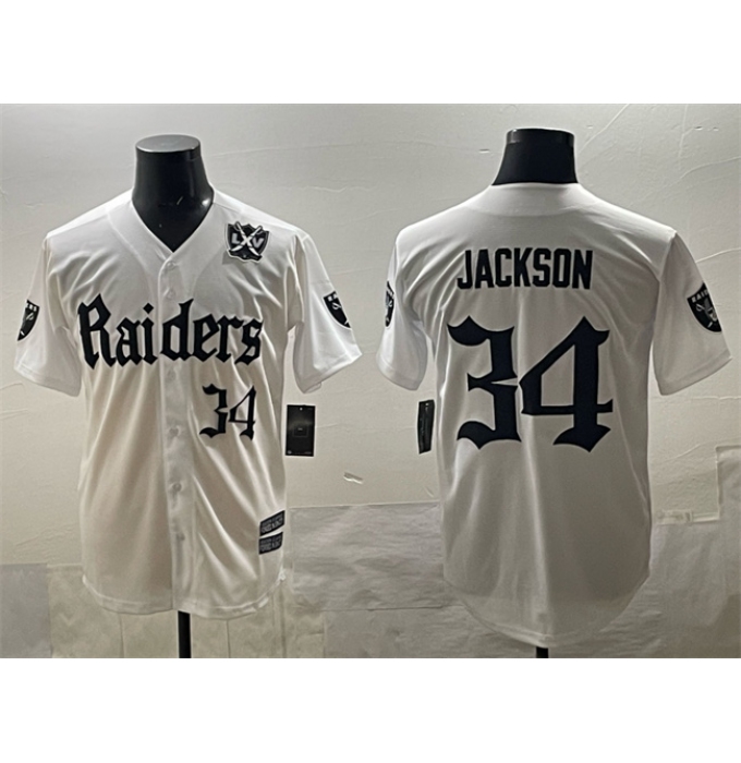 Men's Las Vegas Raiders #34 Bo Jackson White 'Gothic Sin City Shadows Edition' With 65th Anniversary Vapor Limited Stitched Baseball Jersey