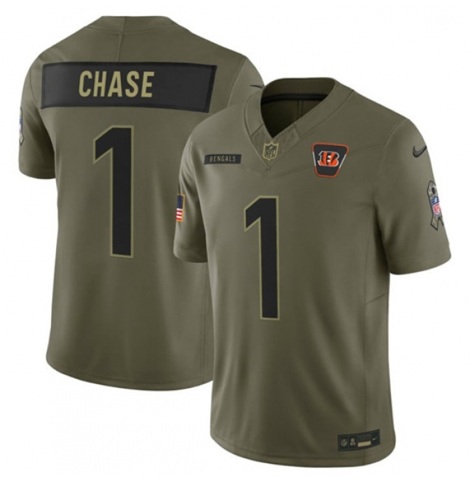 Men's Cincinnati Bengals #1 Ja'Marr Chase Olive 2025 Salute to Service Limited Football Stitched Jersey