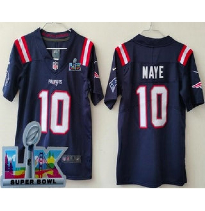 Youth New England Patriots #10 Drake Maye Limited Navy Super Bowl LX Vapor Jersey