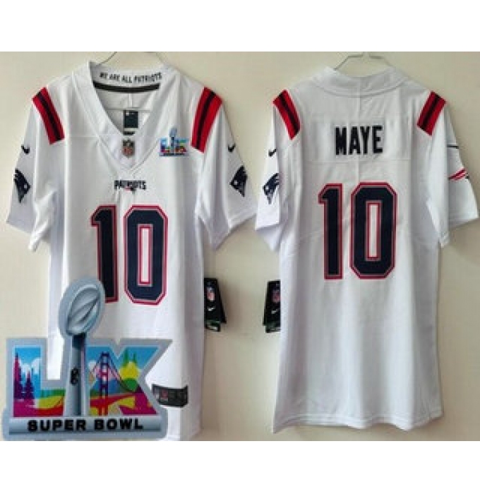 Youth New England Patriots #10 Drake Maye Limited White Super Bowl LX Vapor Jersey