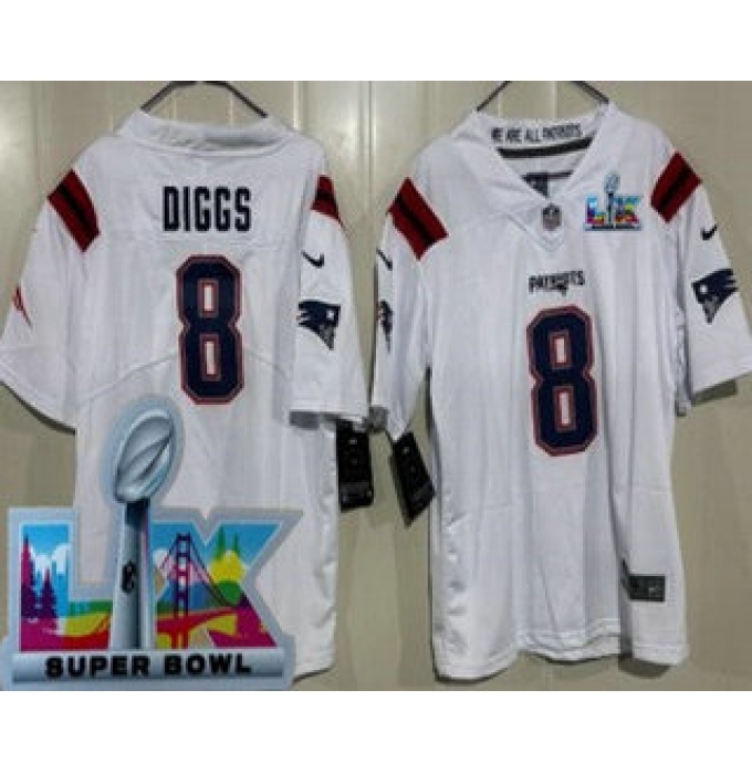 Youth New England Patriots #8 Stefon Diggs Limited White Super Bowl LX Vapor Jersey