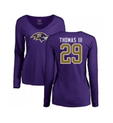 Football Women's Baltimore Ravens #29 Earl Thomas III Purple Name & Number Logo Long Sleeve T-Shirt