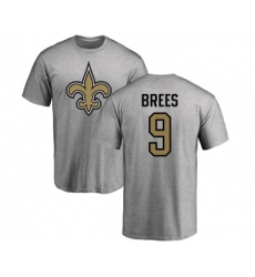 Football New Orleans Saints #9 Drew Brees Ash Name & Number Logo T-Shirt