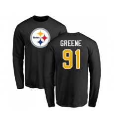 Football Pittsburgh Steelers #91 Kevin Greene Black Name & Number Logo Long Sleeve T-Shirt