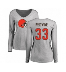 Football Women's Cleveland Browns #33 Sheldrick Redwine Ash Name & Number Logo Long Sleeve T-Shirt