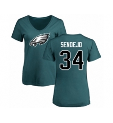 Women's Philadelphia Eagles #34 Andrew Sendejo Green Name & Number Logo Slim Fit T-Shirt