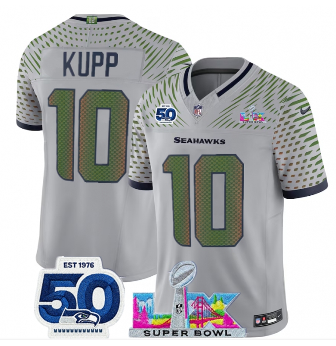 Men's Seattle Seahawks #10 Cooper Kupp Grey 2025 F.U.S.E. Super Bowl LX And 50th Season “Rivalries” Vapor Limited Football Stitched Jersey