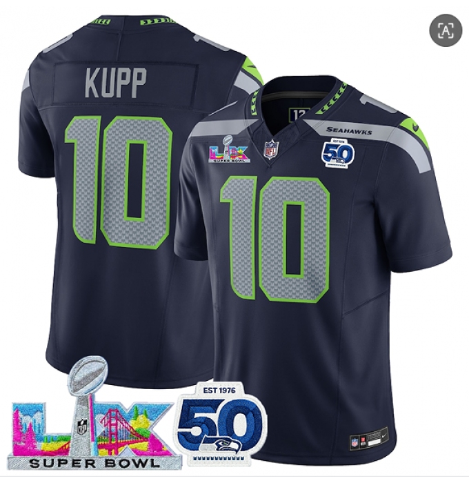 Men's Seattle Seahawks #10 Cooper Kupp Navy 2025 F.U.S.E. Super Bowl LX And 50th Season Vapor Limited Football Stitched Jersey