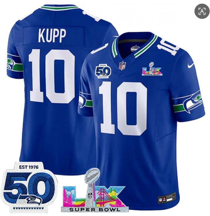Men's Seattle Seahawks#10 Cooper Kupp Royal 2025 F.U.S.E. Super Bowl LX And 50th Season Vapor Throwback Limited Football Stitched Jersey