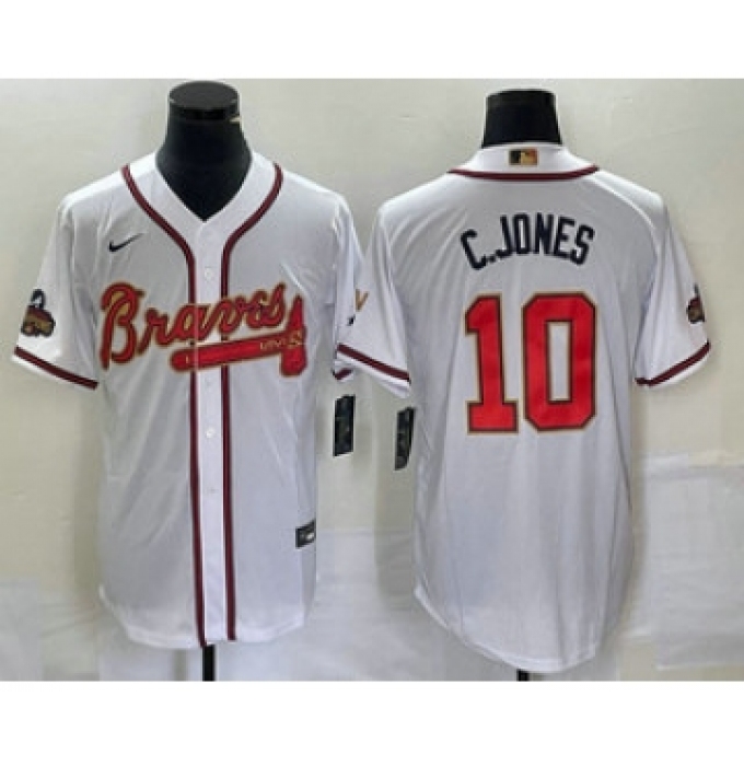 Men's Atlanta Braves #10 Chipper Jones 2022 White Gold World Series Champions Program Cool Base Stitched Baseball Jersey
