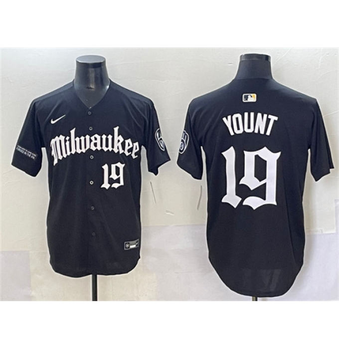 Men's Milwaukee Brewers #19 Robin Yount Black 'Gothic 414 Shadows Edition' Vapor Premier Limited Stitched Jersey