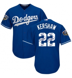 Men's Majestic Los Angeles Dodgers #22 Clayton Kershaw Authentic Royal Blue Team Logo Fashion Cool Base 2018 World Series MLB Jersey