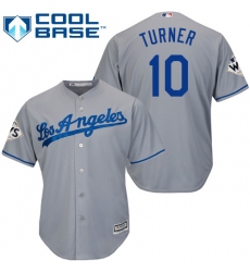 Youth Majestic Los Angeles Dodgers #10 Justin Turner Replica Grey Road 2017 World Series Bound Cool Base MLB Jersey