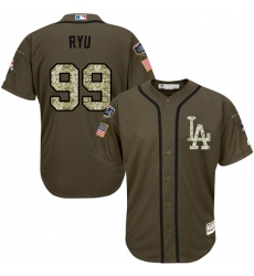 Men's Majestic Los Angeles Dodgers #99 Hyun-Jin Ryu Authentic Green Salute to Service 2018 World Series MLB Jersey