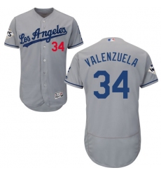 Men's Majestic Los Angeles Dodgers #34 Fernando Valenzuela Authentic Grey Road 2017 World Series Bound Flex Base MLB Jersey