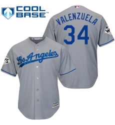 Youth Majestic Los Angeles Dodgers #34 Fernando Valenzuela Replica Grey Road 2017 World Series Bound Cool Base MLB Jersey