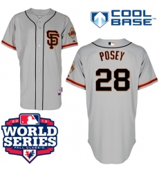 Men's Majestic San Francisco Giants #28 Buster Posey Authentic Grey Road 2 Cool Base 2012 World Series Patch MLB Jersey