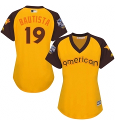 Women's Majestic Toronto Blue Jays #19 Jose Bautista Authentic Yellow 2016 All-Star American League BP Cool Base MLB Jersey