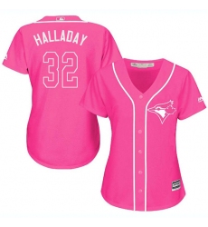 Women's Majestic Toronto Blue Jays #32 Roy Halladay Replica Pink Fashion Cool Base MLB Jersey