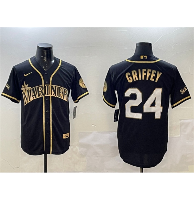 Men's Seattle Mariners #24 Ken Griffey Jr. Black Gold Cool Base Stitched Baseball Jersey