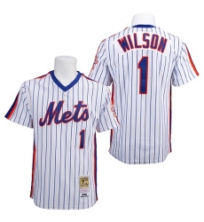 Men's Mitchell and Ness New York Mets #1 Mookie Wilson Replica White/Blue Strip Throwback MLB Jersey