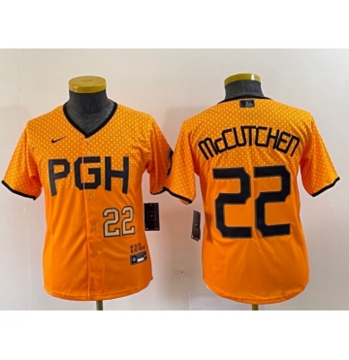 Youth Nike Pittsburgh Pirates #22 Andrew McCutchen Number Yellow 2023 City Connect Stitched Jersey1