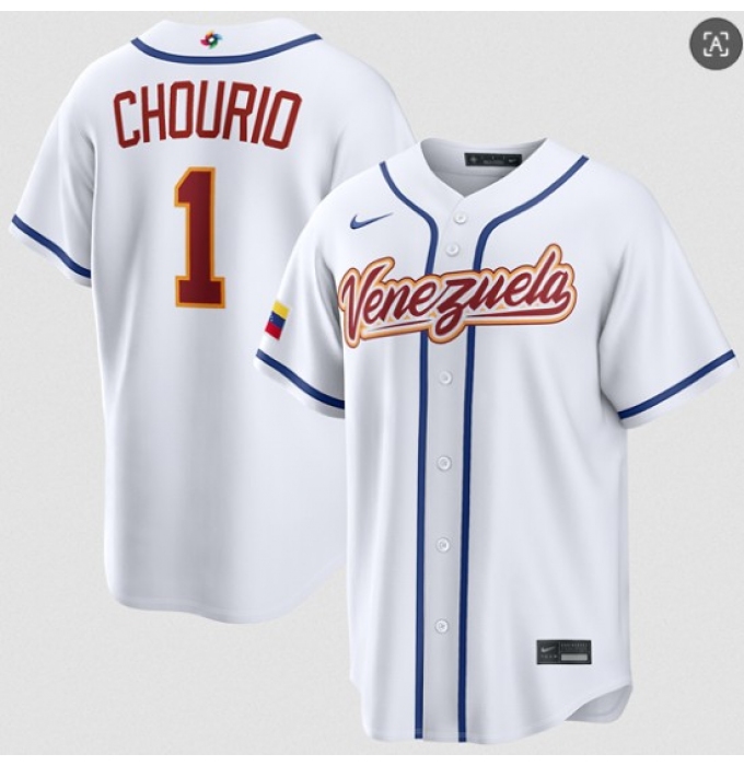 Men's Venezuela Baseball #1 Jackson Chourio White 2026 World Baseball Classic Home Stadium Stitched Jersey