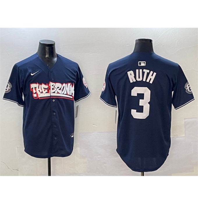 Men's New York Yankees #3 Babe Ruth Navy Bronx Graffiti Vapor Limited Stitched Baseball Jersey