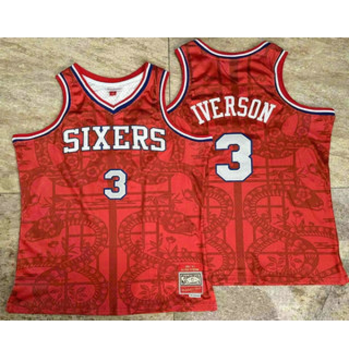 Men's Philadelphia 76ers #3 Allen Iverson Red Snakeskin Hardwood AU Throwback Jersey