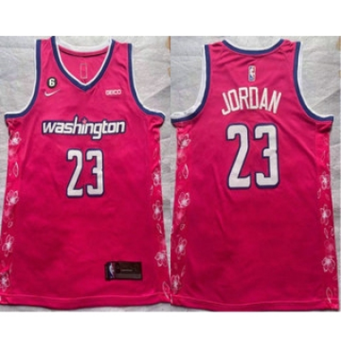 Men's Washington Wizards #23 Michael Jordan 2022 Pink City Edition With 6 Patch Stitched Jersey With Sponsor