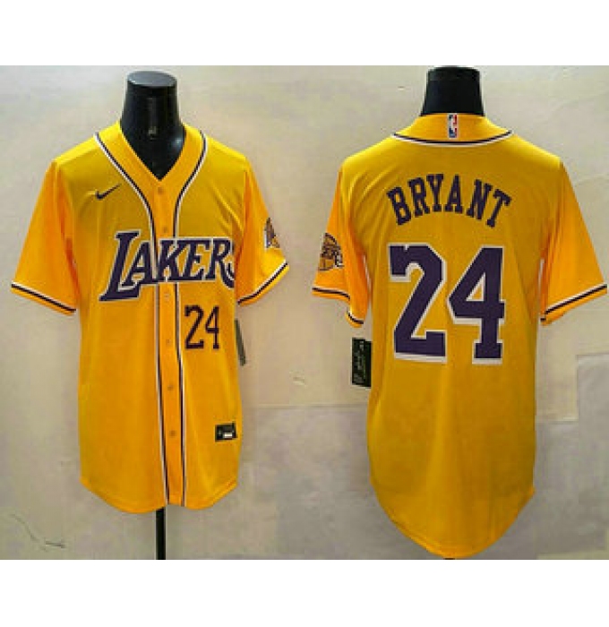 Men's Los Angeles Lakers #24 Kobe Bryant Number Yellow Purple With Cool Base Stitched Baseball Jersey