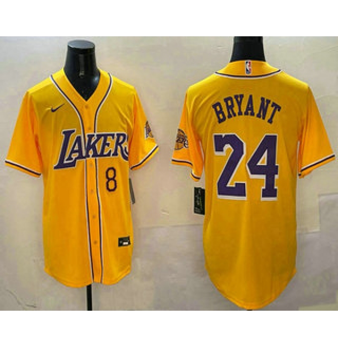 Men's Los Angeles Lakers #8 24 Kobe Bryant Yellow Purple With Cool Base Stitched Baseball Jersey