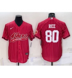 Men's San Francisco 49ers #80 Jerry Rice Red Pinstripe With Patch Cool Base Stitched Baseball Jersey